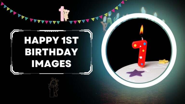 A festive birthday card with the text "happy 1st birthday" alongside an image of a lit candle in the shape of the number 1, set against a dark background with decorative elements.