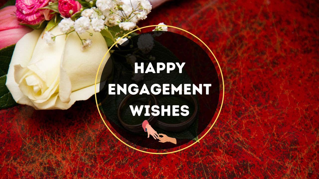 A vibrant engagement congratulatory image featuring a round frame with the text "love blooms on your engagement." Inside the frame is a graphic of two hands clasped, surrounded by a bouquet on a textured red