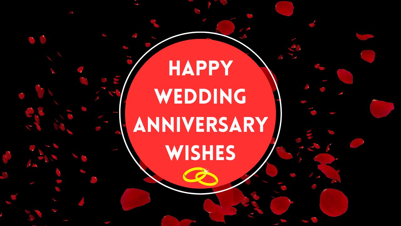 A graphic with a vibrant red and black background featuring scattered rose petals. In the center, a red circle with Happy Wedding Anniversary wishes and two interlinked gold rings.