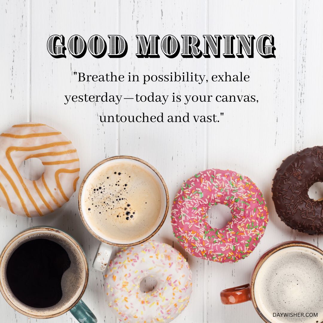 Inspirational "Good Morning" image featuring various donuts and cups of coffee on a white wooden surface. The text, infused with positive words, encourages an uplifting start to the day.