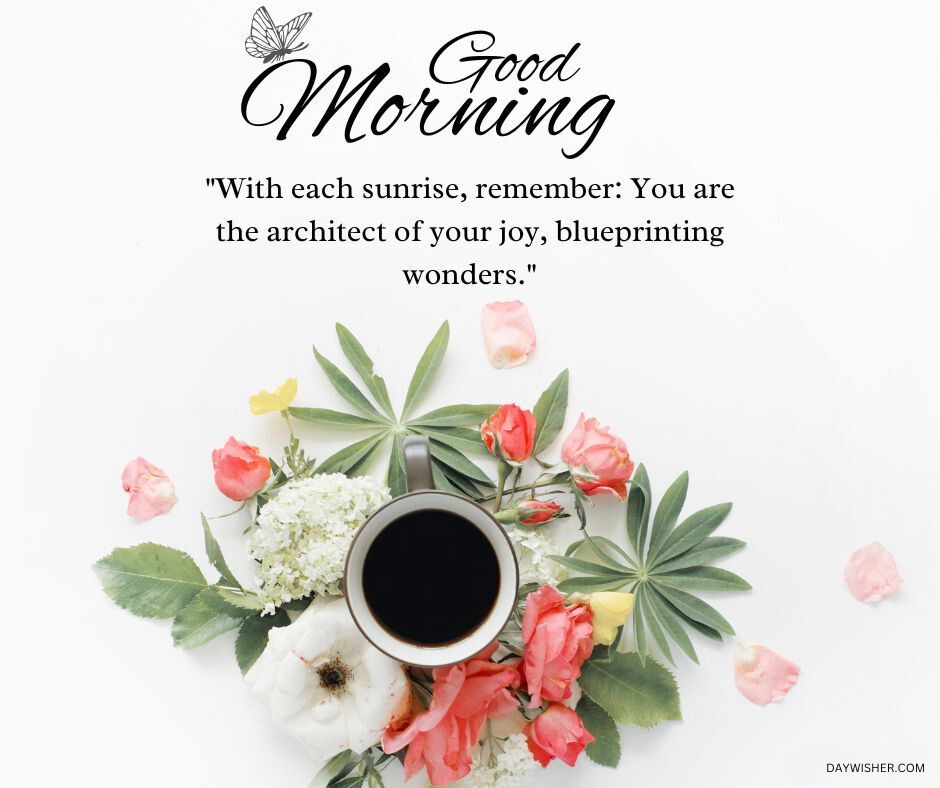 A flat lay image featuring a morning greeting "good morning" with positive words, surrounded by a circle of colorful flowers and leaves, and a cup of coffee at the center.