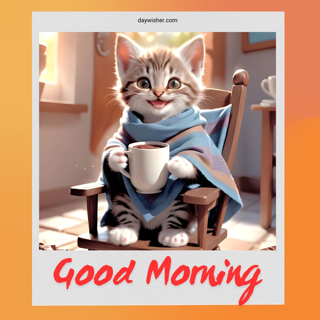 A cute animated kitten wrapped in a blue scarf, sitting on a wooden rocking chair with a cup of hot drink, greeting with "Good Morning Cat Images". Warm sunlight filters through the window.
