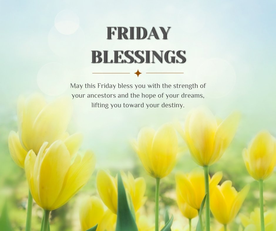 African American spiritual Friday blessings message over a beautiful field of blooming yellow tulips, symbolizing strength and hope for the future