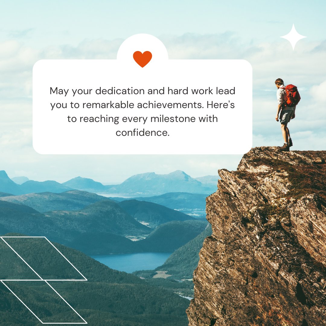 An inspiring scene with a hiker standing on a mountain peak, overlooking a vast landscape of valleys and peaks under a clear sky. A motivational quote is displayed: 'May your dedication and hard work lead you to remarkable achievements. Here's to reaching every milestone with confidence,' perfectly embodying the best motivational success wishes for work.