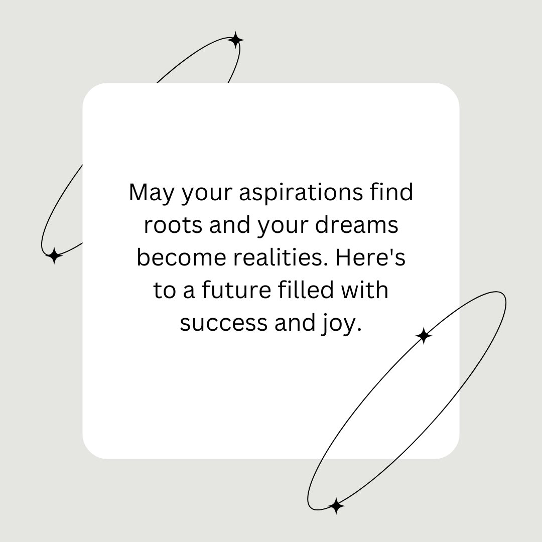 Stylish minimalist design featuring a motivational quote on a white rounded square with abstract black line drawings of stars and orbits. The text reads: 'May your aspirations find roots and your dreams become realities. Here's to a future filled with success and joy', representing empowering best wishes for a successful future.