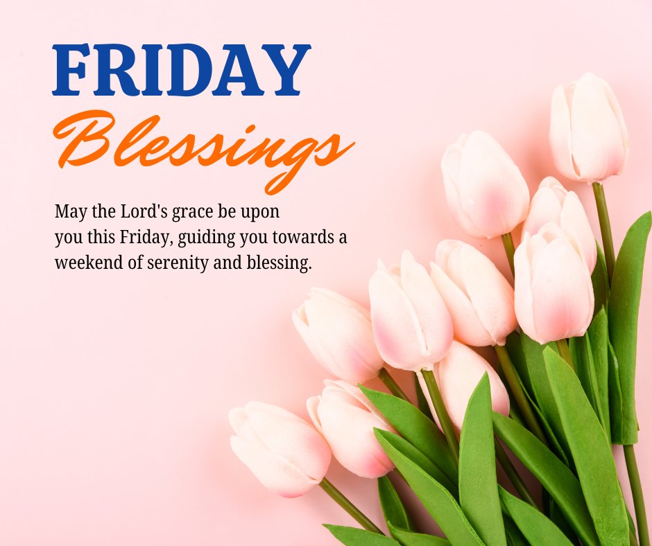 Friday Blessings and Prayers text with a prayer for the Lord's grace, displayed alongside a beautiful bouquet of pink tulips on a soft pink background.