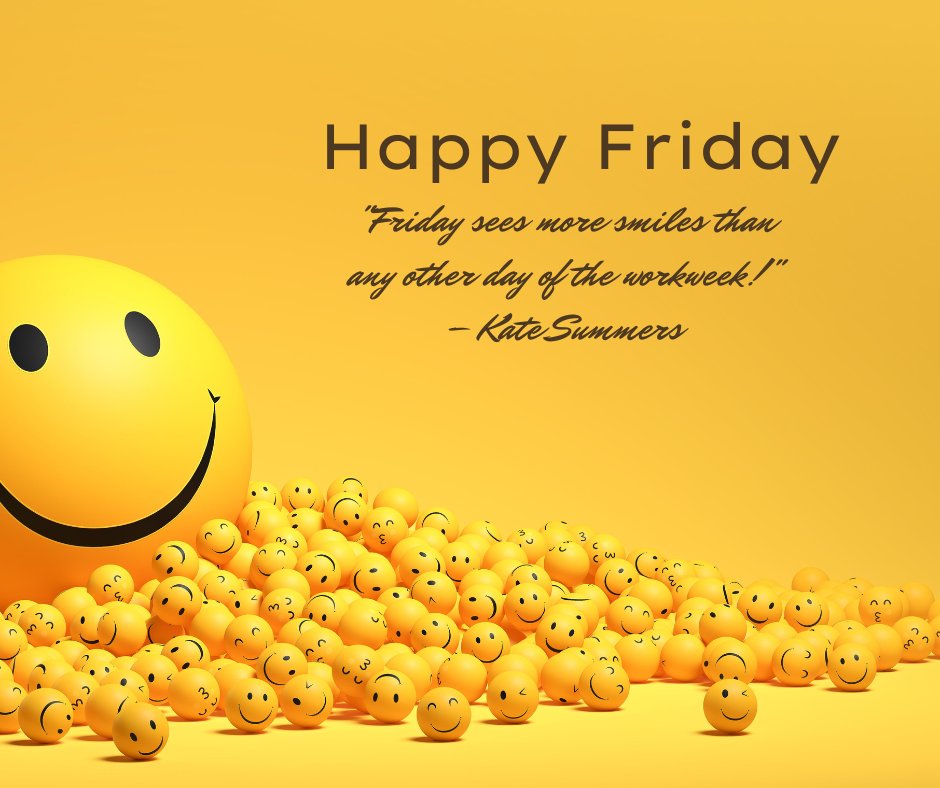 Inspiring Friday Quotes for a Positive Start featuring a large smiling emoticon surrounded by a sea of smaller smileys on a bright yellow background with a quote by Kate Summers celebrating Friday's happiness.