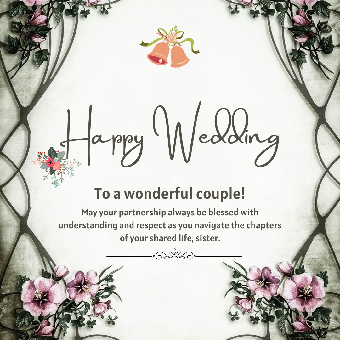 Vintage style wedding card with floral decorations and wedding bells, featuring a message 'Happy Wedding to a wonderful couple!' surrounded by dark vines and pink blossoms, offering inspiring wedding wishes for a sister.