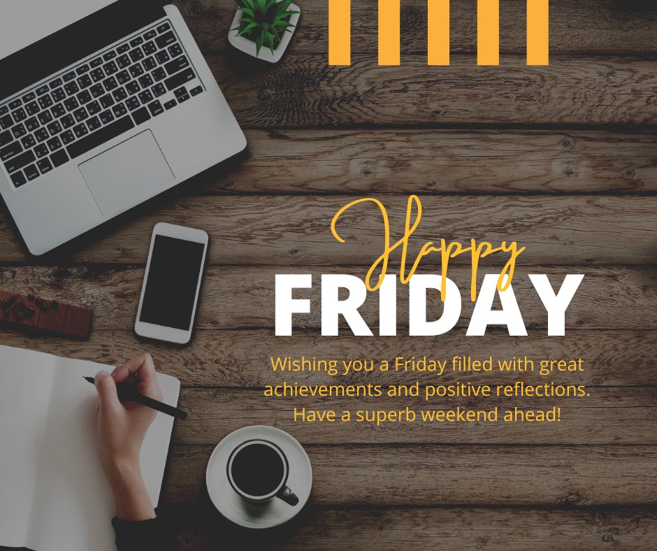 Motivating Friday Wishes for Colleagues featuring a workspace with a laptop, smartphone, notebook, and a cup of coffee on a wooden desk, embodying a productive Friday atmosphere.