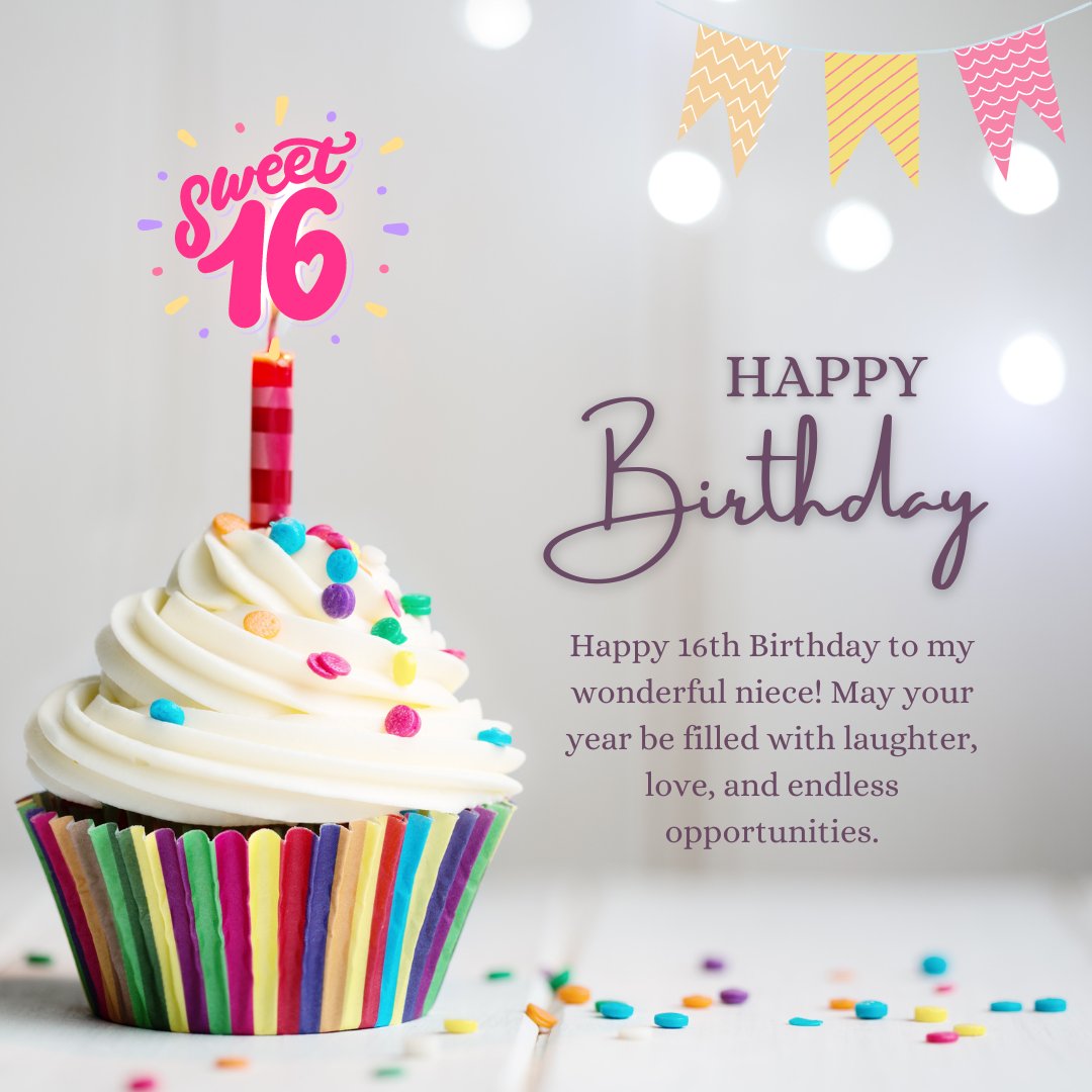 16th Birthday Wishes for Niece featuring a colorful cupcake with a lit red candle, festive sprinkles, and a heartfelt message wishing a niece a year filled with laughter, love, and endless opportunities.