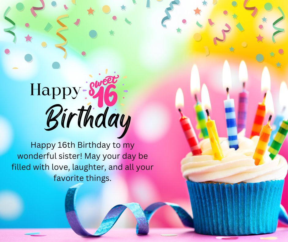 16th Birthday Wishes for your sister featuring a colorful cupcake with lit rainbow-striped candles, festive confetti, and a message wishing a wonderful sister a day filled with love, laughter, and favorite things.
