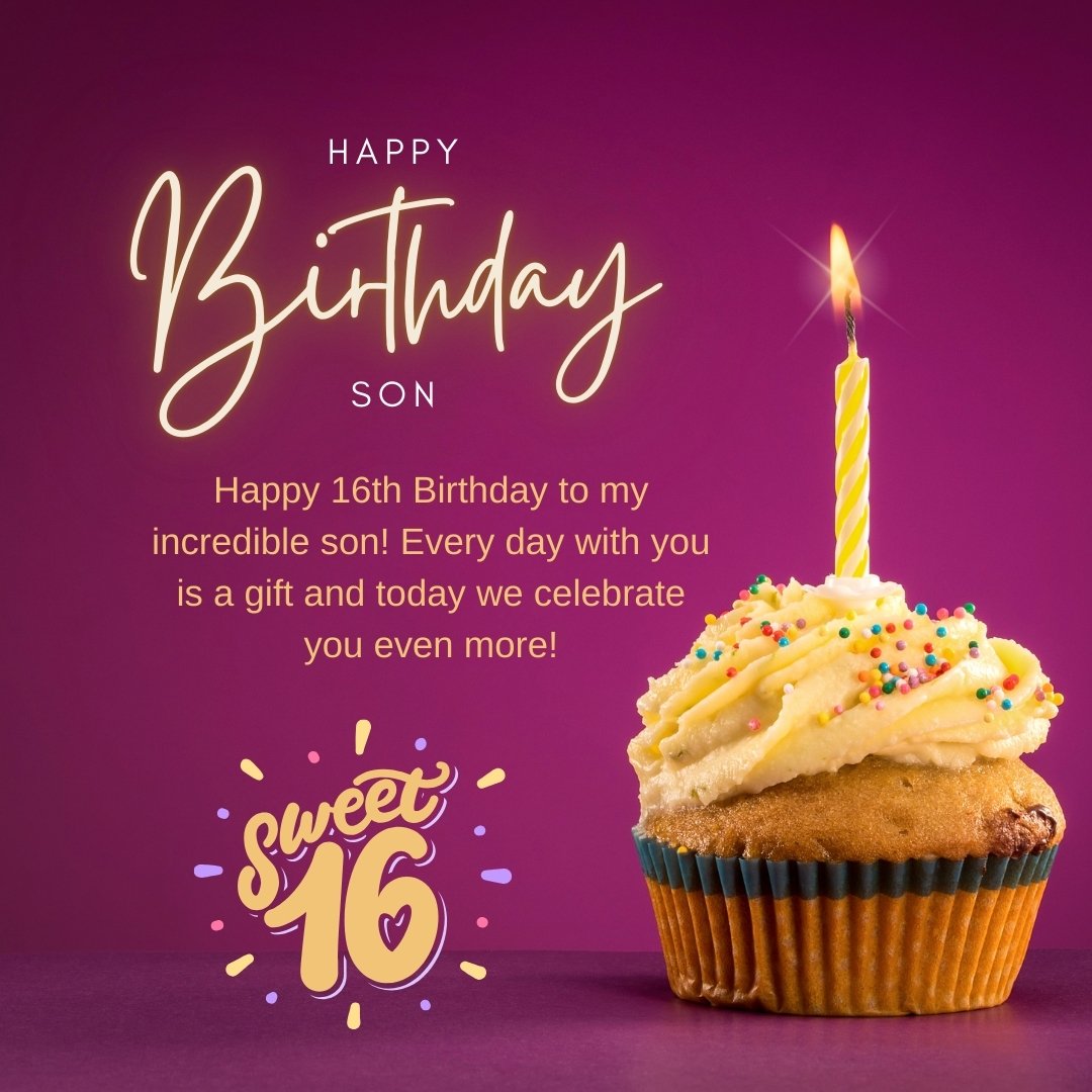 16th Birthday Wishes for your son featuring a cupcake with lit yellow candle, colorful sprinkles, and a heartfelt message celebrating a special son on his milestone birthday.