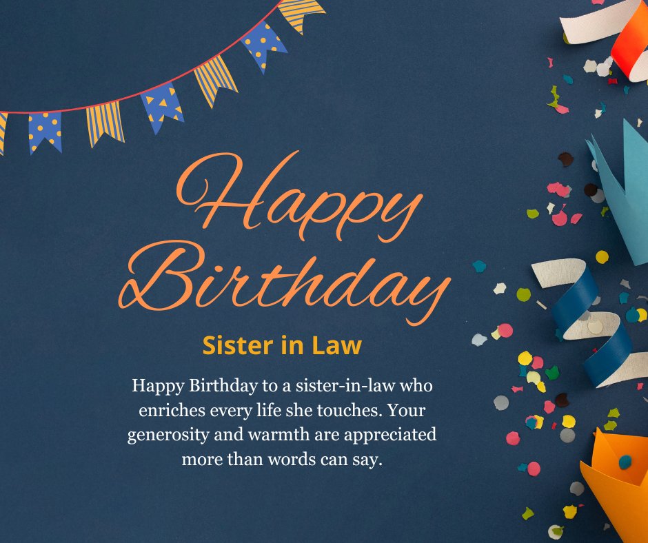 Best Birthday Messages for Sister-in-Law featuring festive orange and blue text, colorful confetti, and ribbon on a dark blue background with celebratory banners.