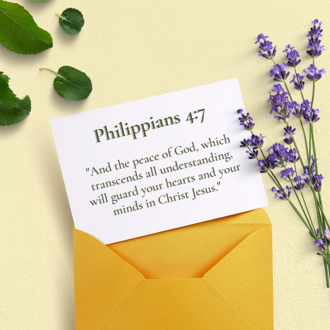 Bible verse Philippians 4:7 displayed on a card next to lavender flowers and leaves, emphasizing God’s peace that transcends understanding. The image conveys the theme of Bible Quotes About Finding Peace.
