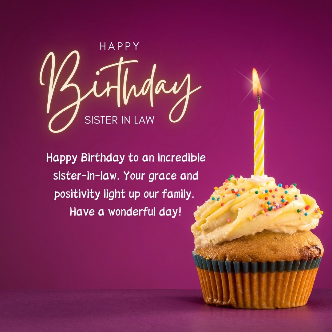 Heartfelt Birthday Greetings for Sister-in-Law featuring a glowing birthday message with a cupcake topped with colorful sprinkles and a single lit candle on a purple background.