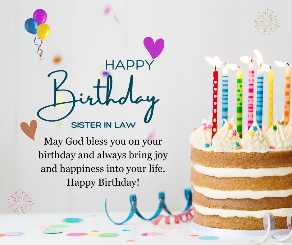 Birthday Prayers and Blessings for Sister-in-Law featuring a colorful cake with lit candles, festive decorations, and a heartfelt birthday message on a light background.