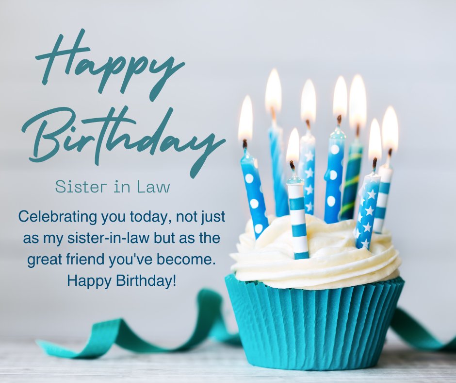 Birthday Quotes for Sister-in-Law featuring a cupcake with blue and white candles, a heartfelt birthday message, and festive ribbon on a light background.