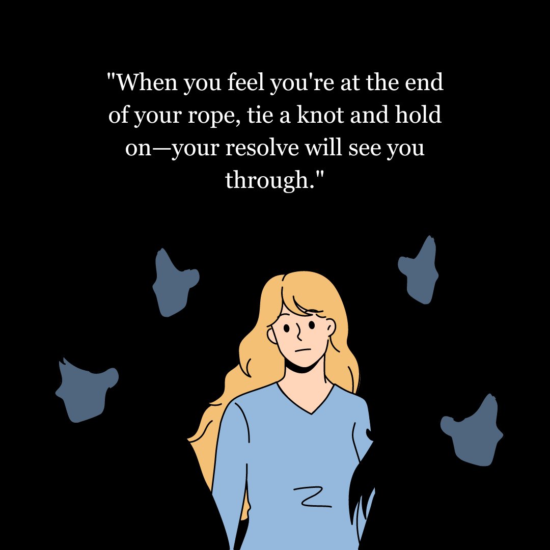 Illustration of a woman with blonde hair standing against a dark background, surrounded by shadows, with an encouraging quote about holding on during difficult times, symbolizing encouraging words for women during hard times.