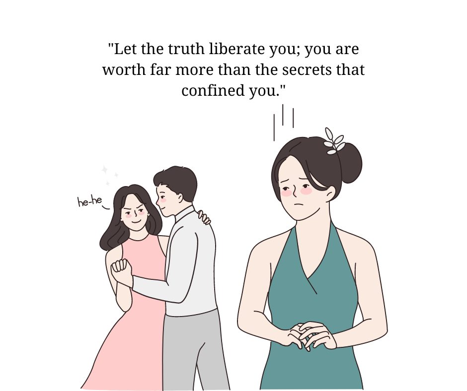 Illustration of a sad woman looking at her husband dancing with another woman, accompanied by a quote about self-worth and liberation, symbolizing encouraging words for women whose husband cheated.