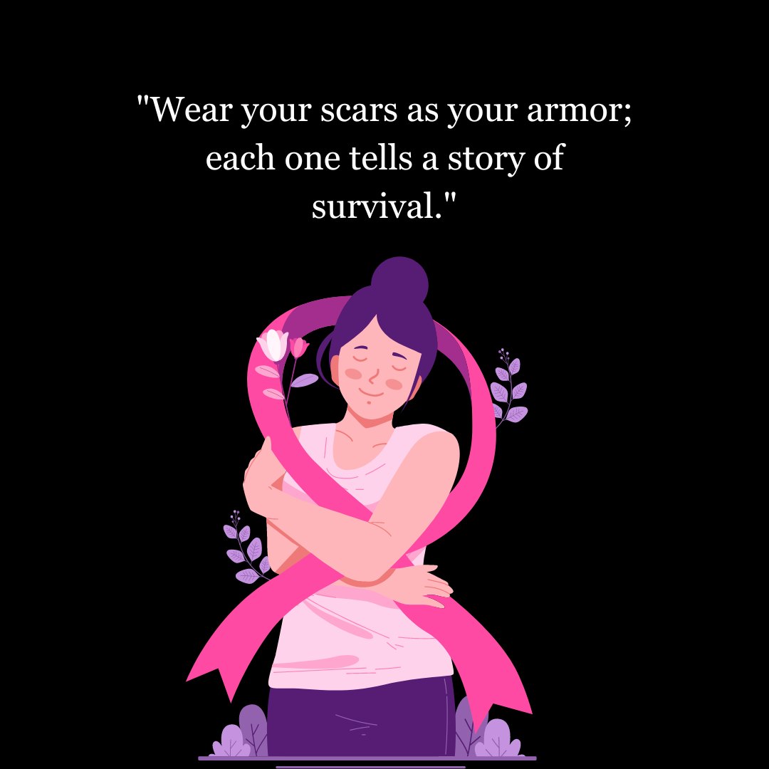 Illustration of a woman with purple hair, embracing herself with a pink ribbon, surrounded by flowers, embodying strength and resilience, with a quote about survival, representing encouraging words for women with breast cancer.