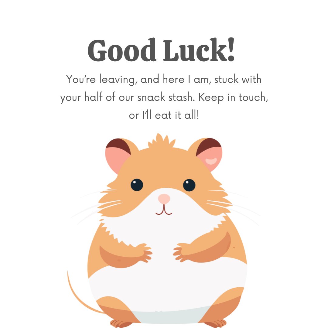 Funny goodbye coworker quote featuring a cute cartoon hamster. The message reads: 'Good Luck! You're leaving, and here I am, stuck with your half of our snack stash. Keep in touch, or I'll eat it all!'