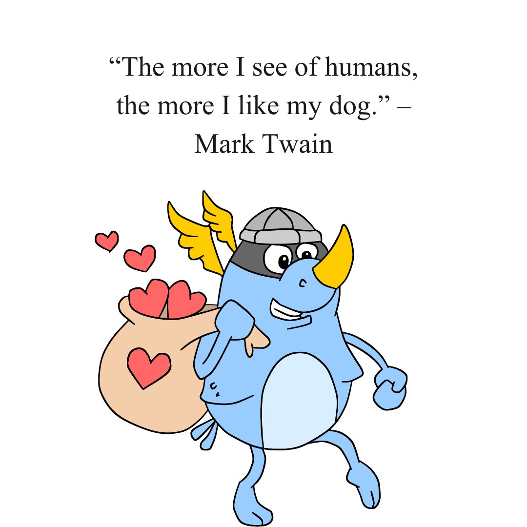 Cartoon illustration of a cheerful creature carrying a sack of hearts with the quote 'The more I see of humans, the more I like my dog' by Mark Twain. Funny philosophical quotes about life highlighting humorous reflections on human behavior and pets