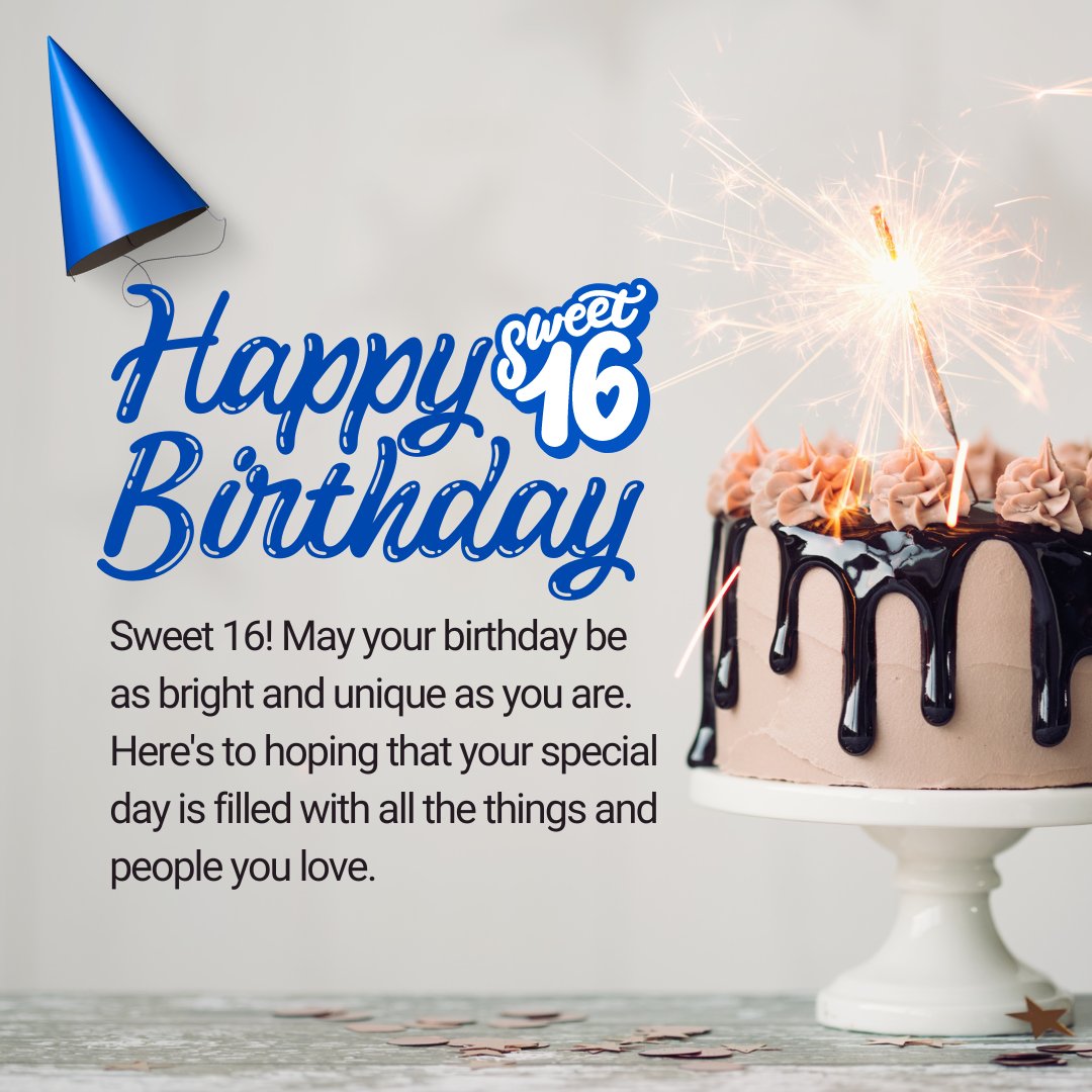 Happy 16th Birthday celebration image featuring a sparkling birthday cake topped with chocolate ganache and rose-colored frosting, accompanied by a festive blue party hat and a 'Happy Sweet 16 Birthday' message in bold blue script.