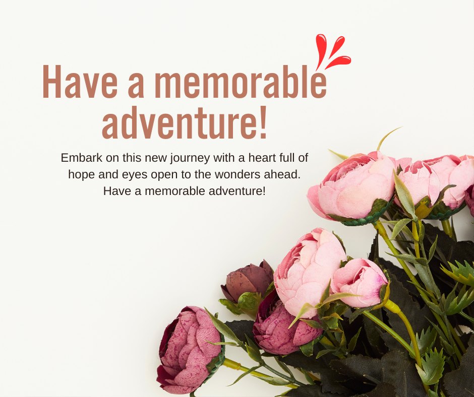 Artificial pink roses arranged at the bottom of the image with the uplifting message 'Have a memorable adventure! Embark on this new journey with a heart full of hope and eyes open to the wonders ahead.' Perfect for sending wishes to have a memorable new journey.