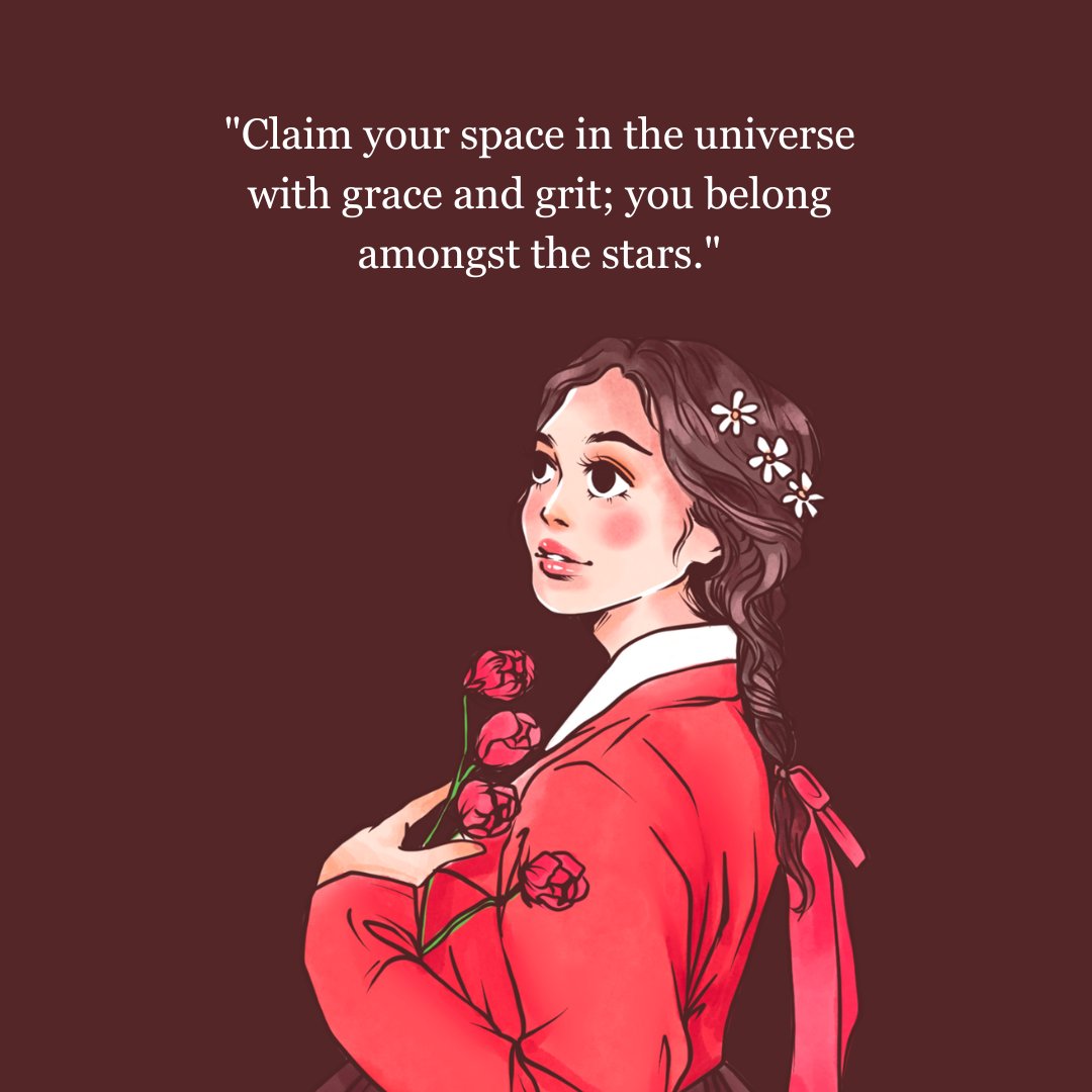 Elegant woman in a red jacket holding roses, looking upwards with hope, accompanied by inspirational encouraging words for women on claiming one's space in the universe with grace and grit.