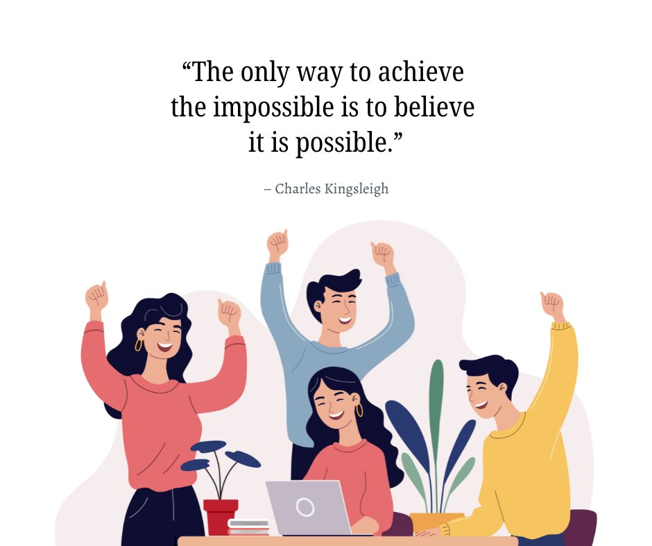 Illustration of a group of cheerful employees celebrating around a laptop with a quote by Charles Kingsleigh, 'The only way to achieve the impossible is to believe it is possible,' representing teamwork and success. Ideal for Inspirational Quotes of the Day for Work content.