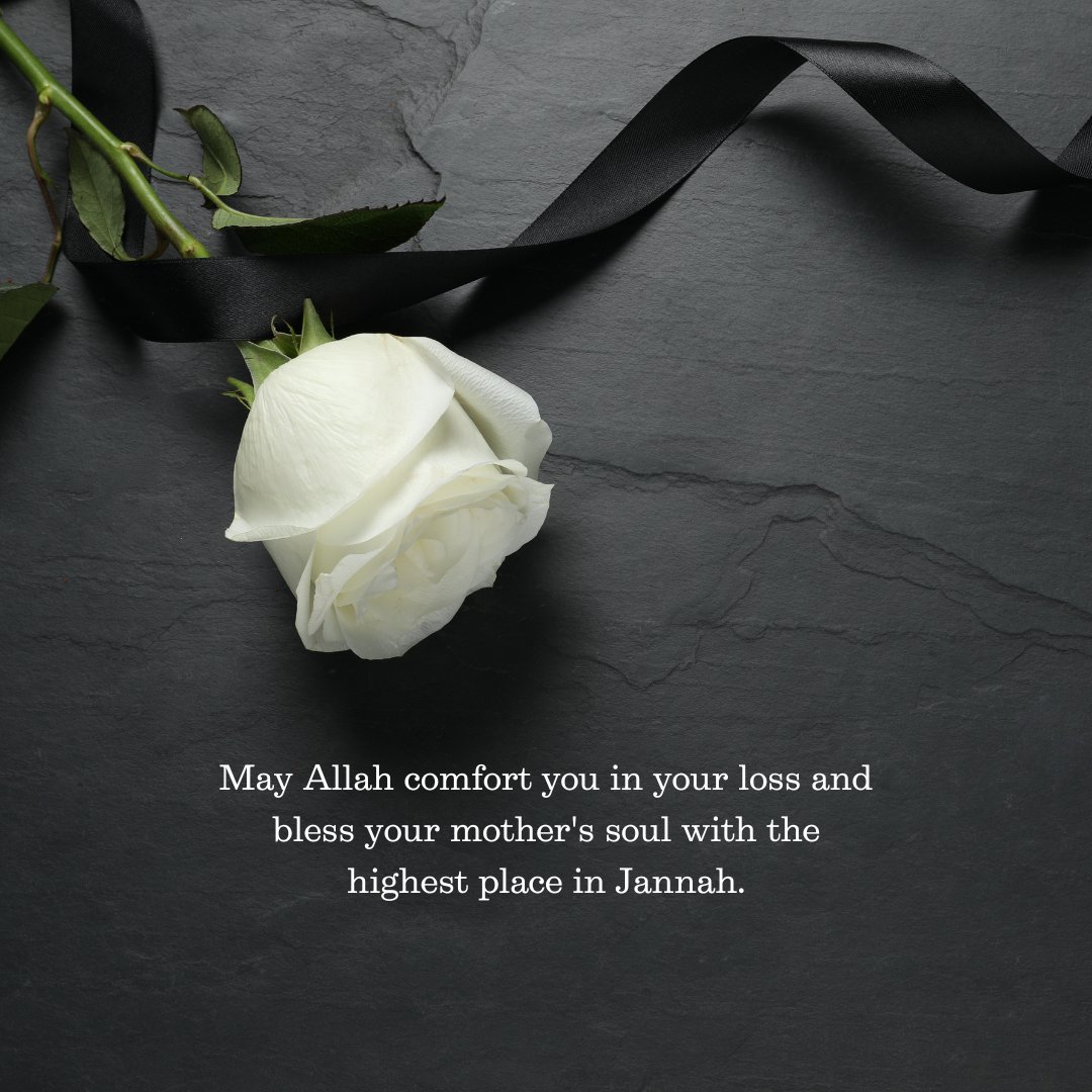 Islamic condolence message for the loss of mother with a white rose on a dark slate background, accompanied by a black ribbon.