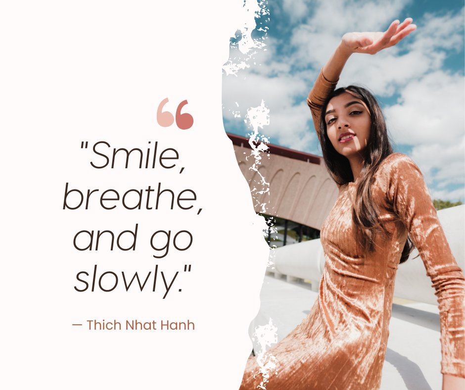 Image of a woman sitting outdoors with the quote 'Smile, breathe, and go slowly' by Thich Nhat Hanh. This visual highlights the theme of Quotes About Finding Peace in Chaos, promoting calmness and mindfulness.