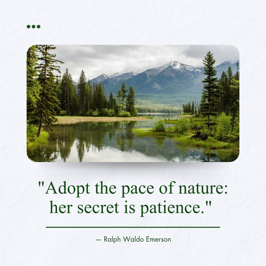 Beautiful nature scene of a calm lake with mountains and trees, accompanied by the quote 'Adopt the pace of nature: her secret is patience' by Ralph Waldo Emerson. This image reflects the theme of Quotes About Finding Peace in Life and Nature.