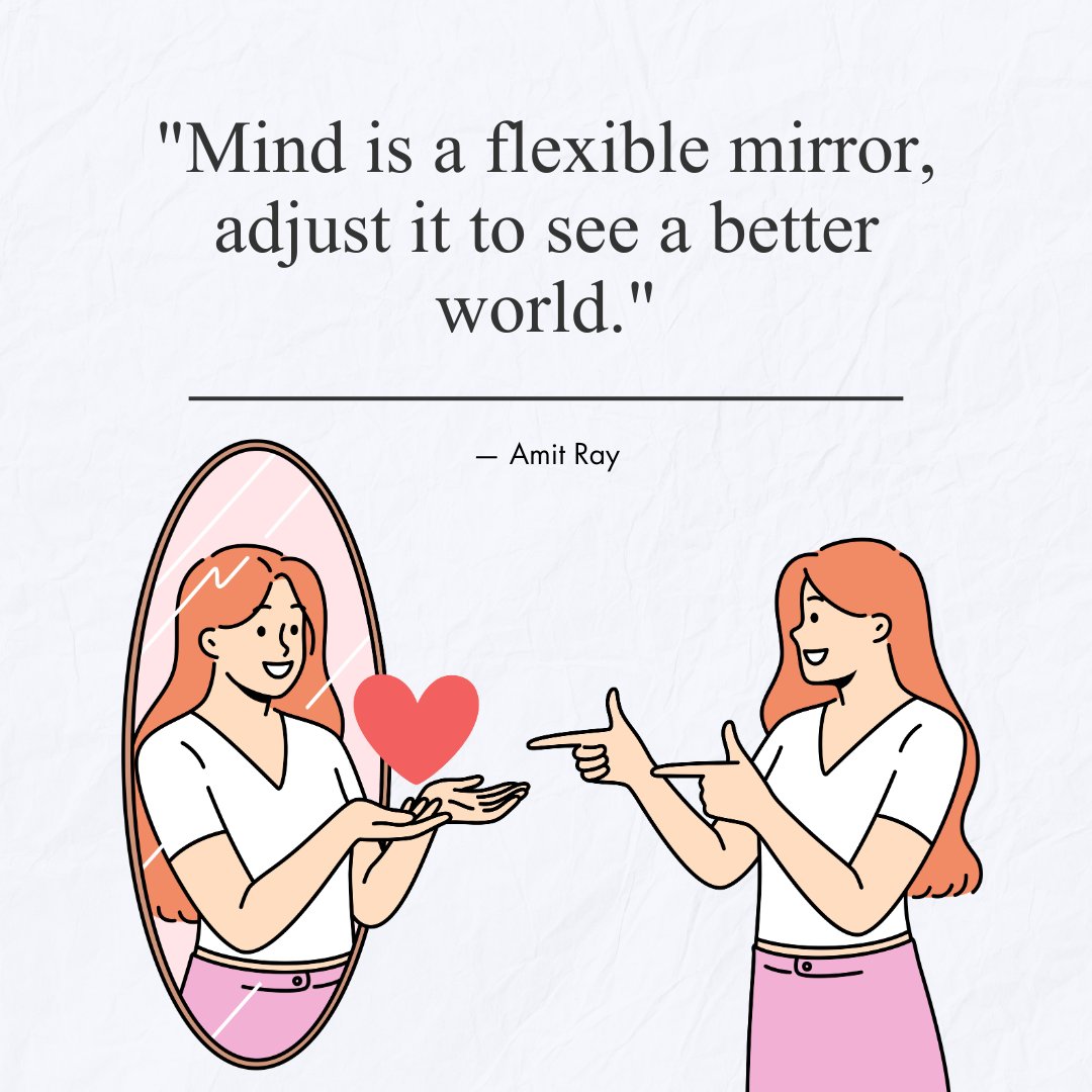 Illustration of a woman looking into a mirror and seeing herself holding a heart, paired with the quote 'Mind is a flexible mirror, adjust it to see a better world' by Amit Ray. This image emphasizes the theme of Quotes About Finding Peace of Mind, focusing on mental clarity and self-reflection.