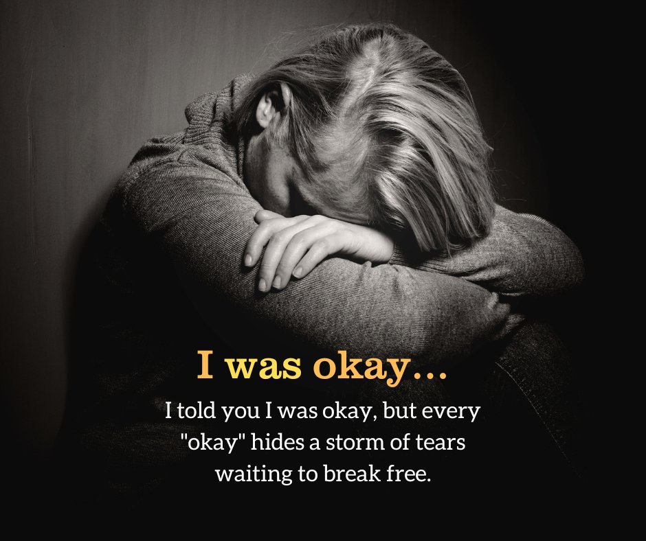 Sad Messages to Make Him Cry featuring a woman hugging her knees, hiding her face, emotionally overwhelmed, with text expressing that every 'okay' hides a storm of tears.