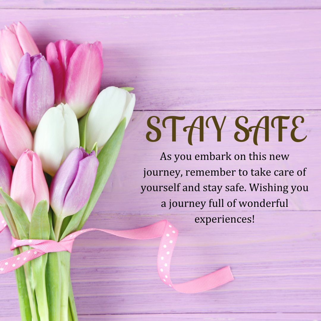 Bouquet of fresh pink and white tulips tied with a pink polka dot ribbon on a purple wooden background with the message 'STAY SAFE. As you embark on this new journey, remember to take care of yourself and stay safe. Wishing you a journey full of wonderful experiences!' Ideal for sending stay safe wishes on a new journey.
