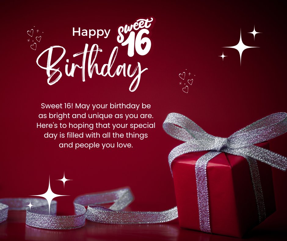 Happy Sweet 16 Birthday greeting on a vibrant red background featuring a red gift box with a glittering silver bow and surrounding sparkling decorations, with a heartfelt message wishing a unique and bright birthday filled with loved ones.