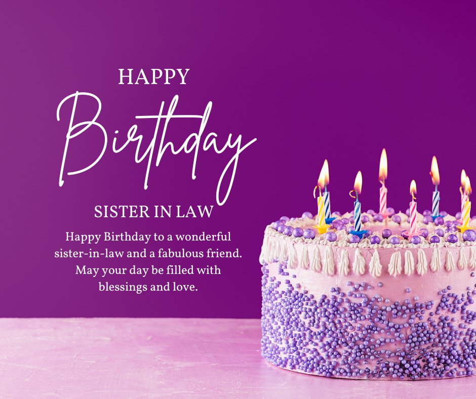 Touching Birthday Wishes for Brother’s Wife with a beautiful purple and pink birthday cake topped with candles and heartfelt birthday message on a purple background.