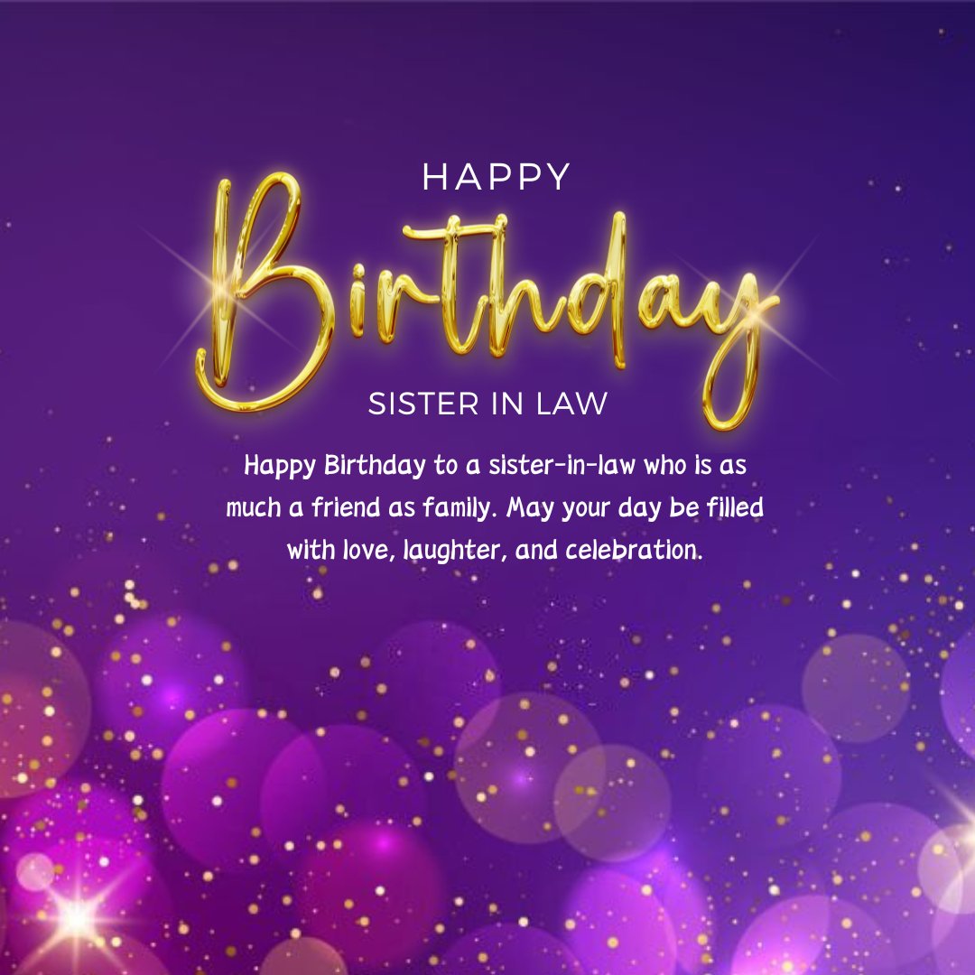 Warm Birthday Wishes to Wife’s Sister featuring glowing gold 'Happy Birthday' text on a purple background with sparkling lights and a heartfelt message.