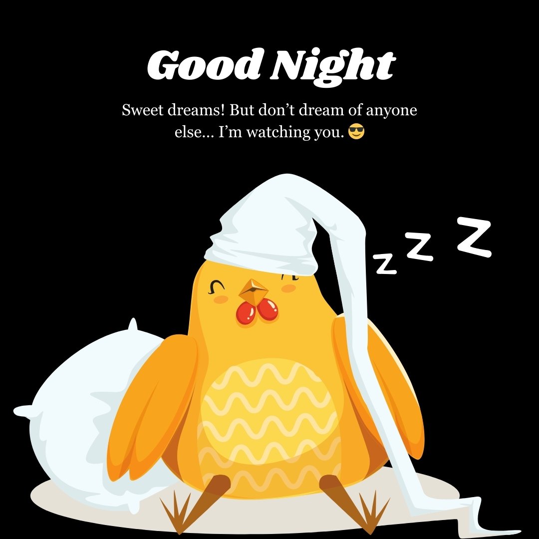 A cute yellow bird wearing a long nightcap, sitting with a pillow, and sleeping with Z’s above its head. The message reads, "Good Night. Sweet dreams! But don’t dream of anyone else… I’m watching you. 😎" Perfect for a funny good night message for crush.
