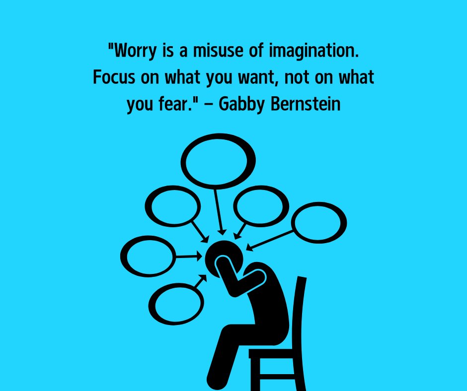 Illustration of a person overwhelmed by multiple thoughts, paired with the quote 'Worry is a misuse of imagination. Focus on what you want, not on what you fear' by Gabby Bernstein, offering a positive take on overcoming overthinking.