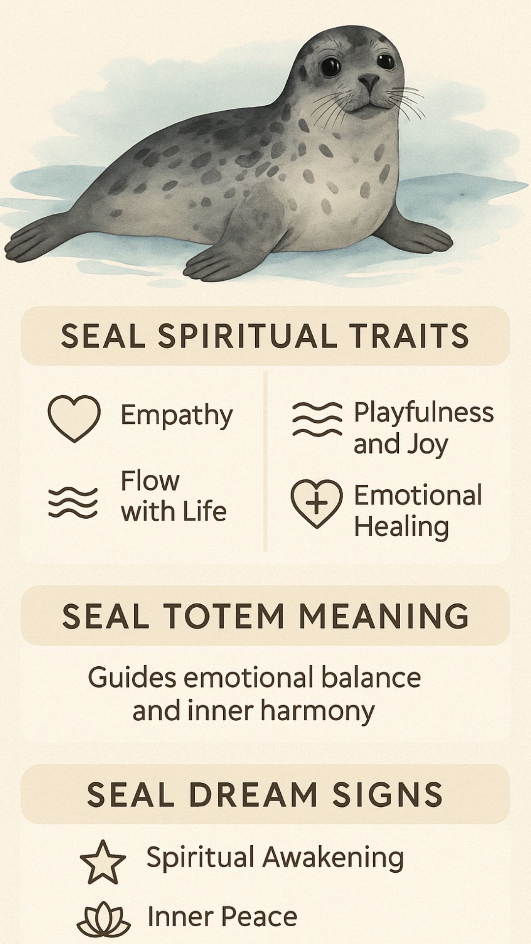 Spiritual meaning and symbolism of seals, showing seal spiritual traits like empathy, flow, joy, and healing; totem meaning as a guide for emotional balance; and dream signs including spiritual awakening and inner peace.